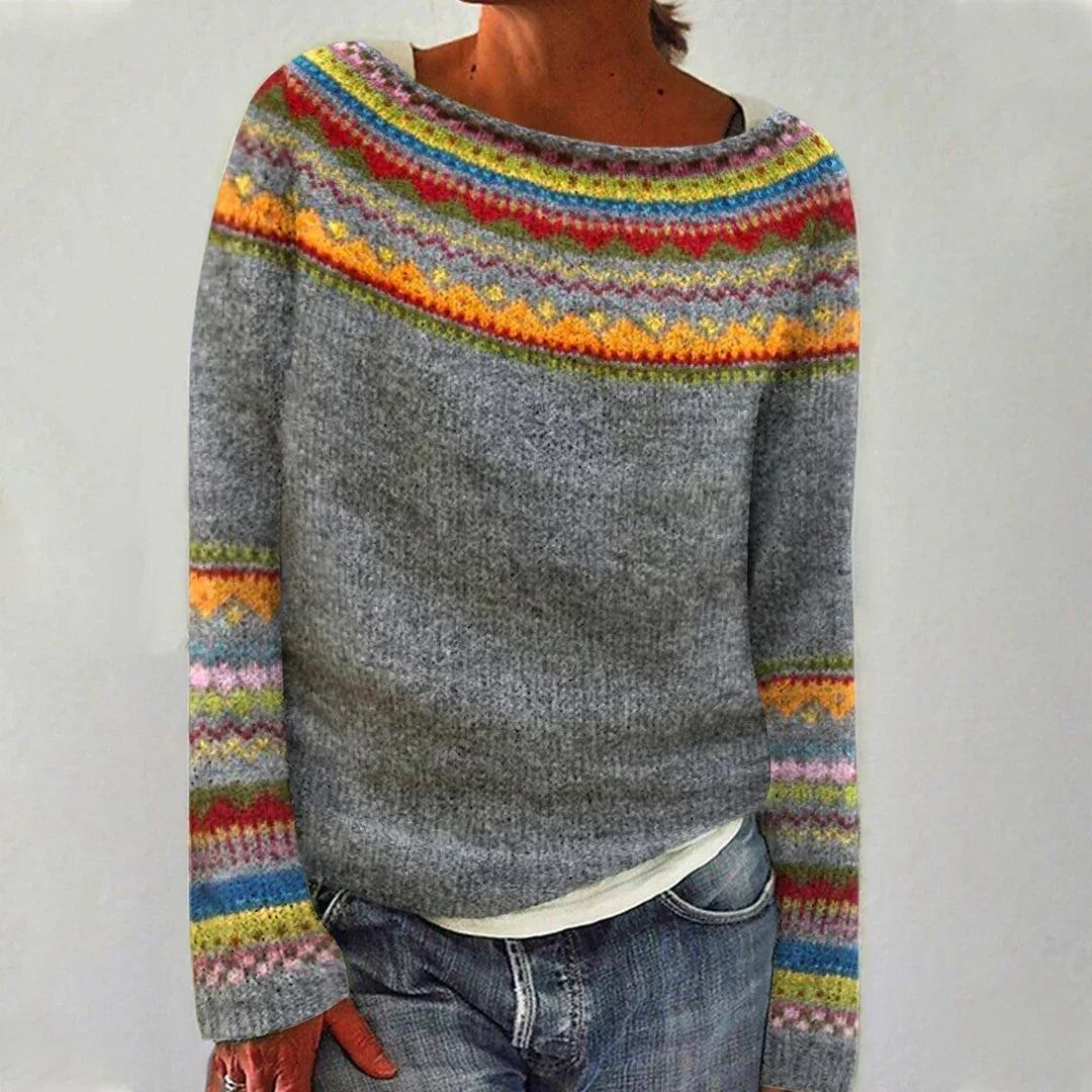 Charlotte retro Scandinavian knitted sweater in grey with multicoloured Nordic pattern, front view