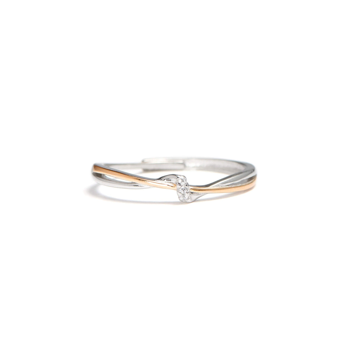 Silver and rose gold eternity ring, front view on white background