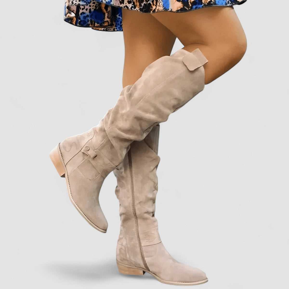 Adeliza slouch knee-high riding boots in beige, worn side view