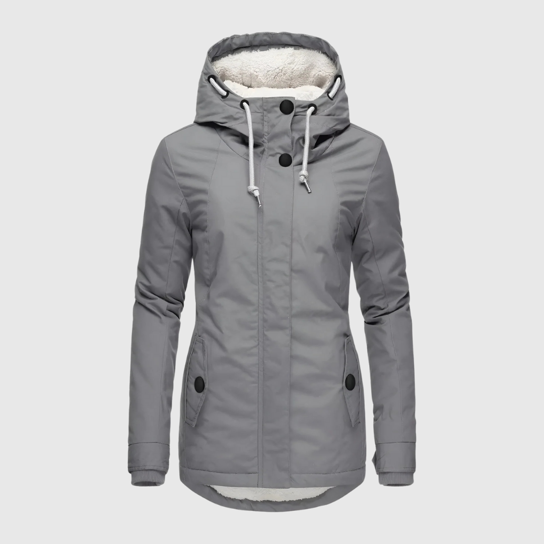 Agnes waterproof winter coat in grey, front view with drawcord hood