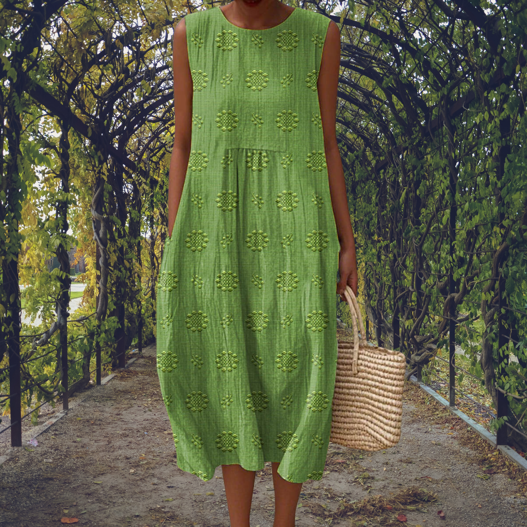 Aikaterini sleeveless midi dress in green, garden front view