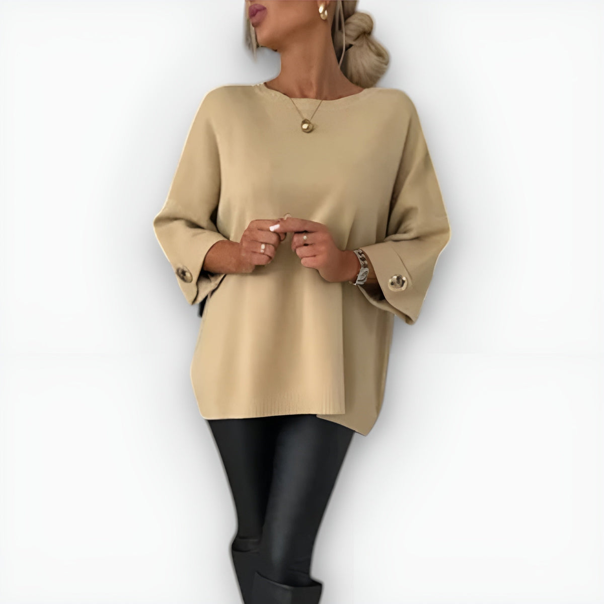 Julianette elegant sweater in beige, front view with split hem