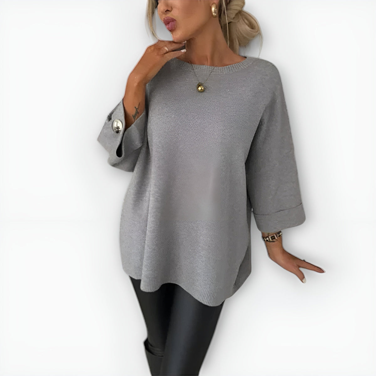 Julianette elegant sweater in grey, front view showing sleeve buttons