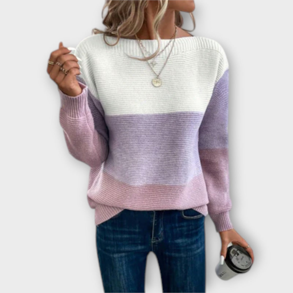 Elisabet colour-block sweater in purple and white, front view