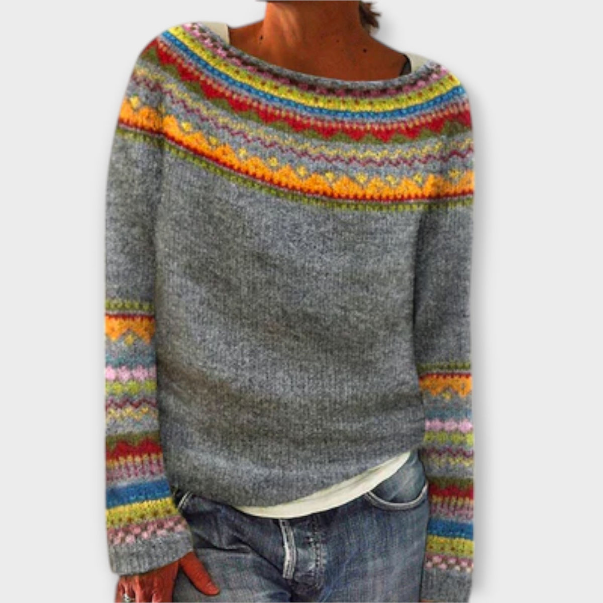 Noelyzah patterned knit sweater in grey multicolour, front view with jeans