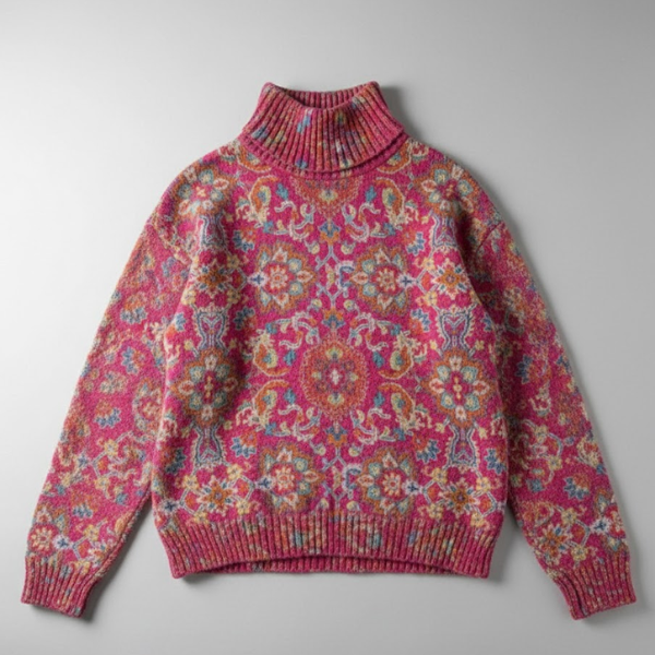 Sylpha turtleneck sweater in pink floral paisley knit, flat product view