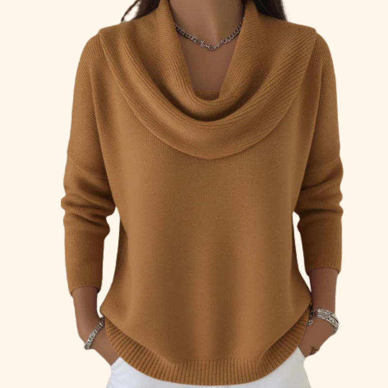 Cercie elegant sweater in brown, front view with ribbed hem