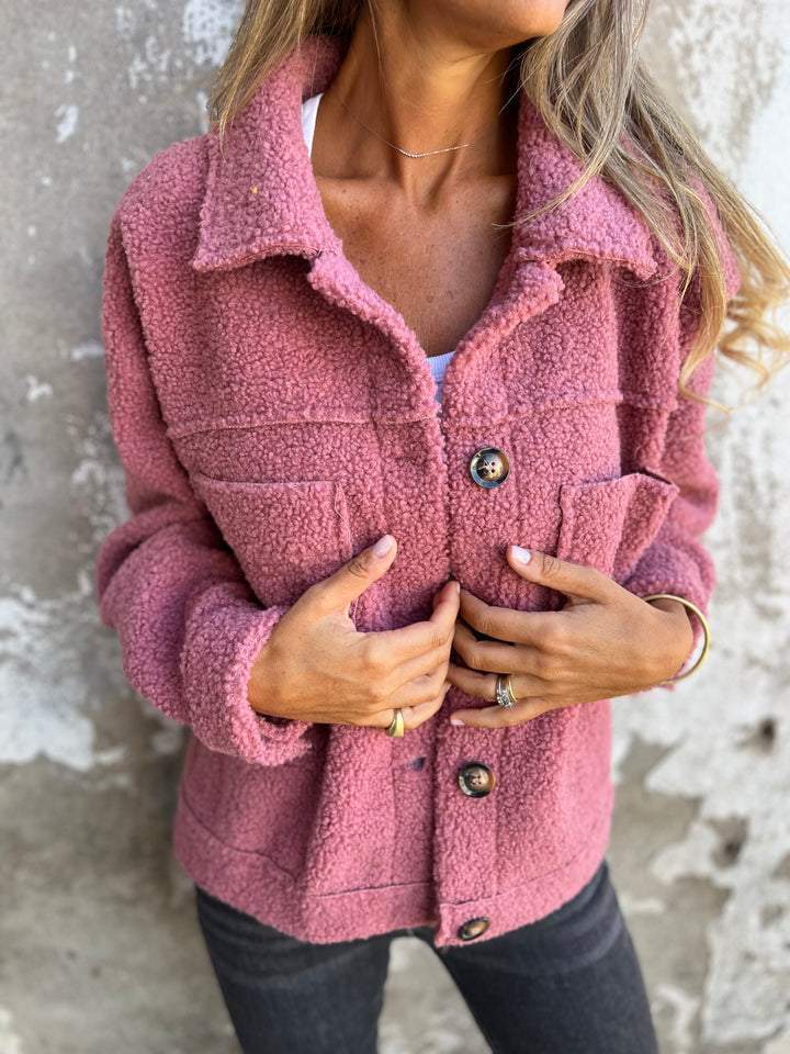 Laverinne cosy teddy jacket in pink, buttoned front view