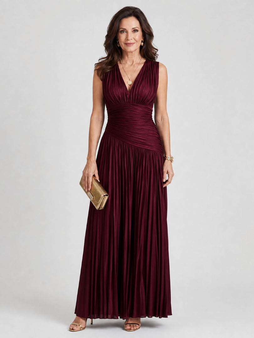 Lemar sleeveless pleated midi dress in burgundy, full-length front view