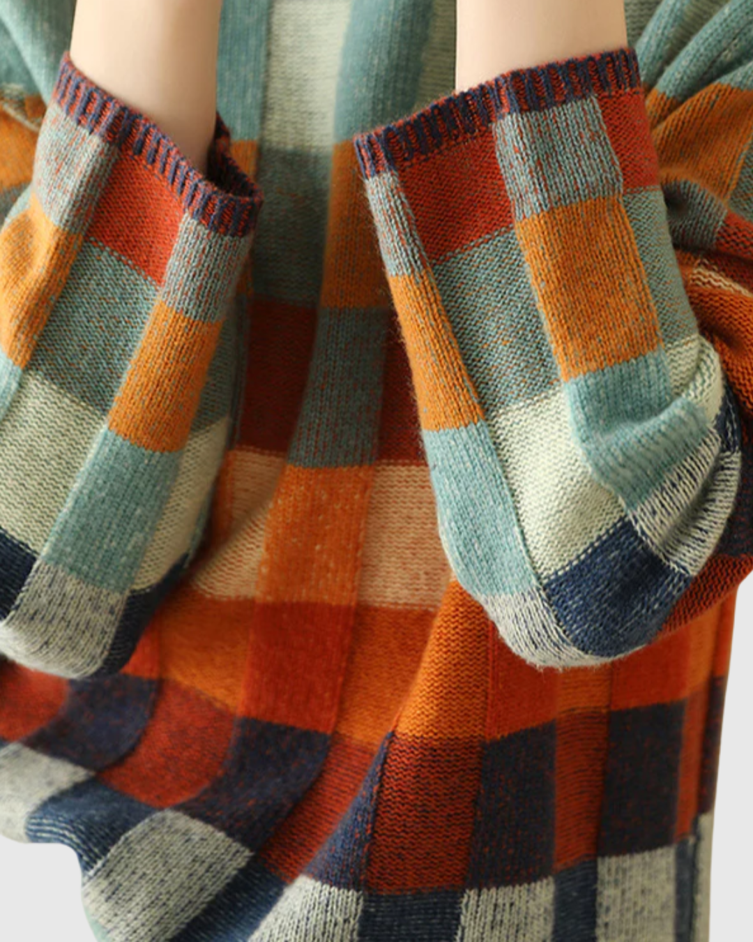 Selvianne sweater sleeve detail with contrast ribbed cuffs