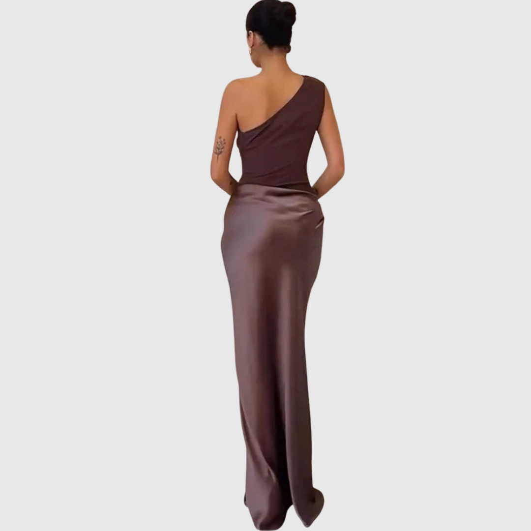 Aleida one-shoulder maxi dress in brown, full-length back view