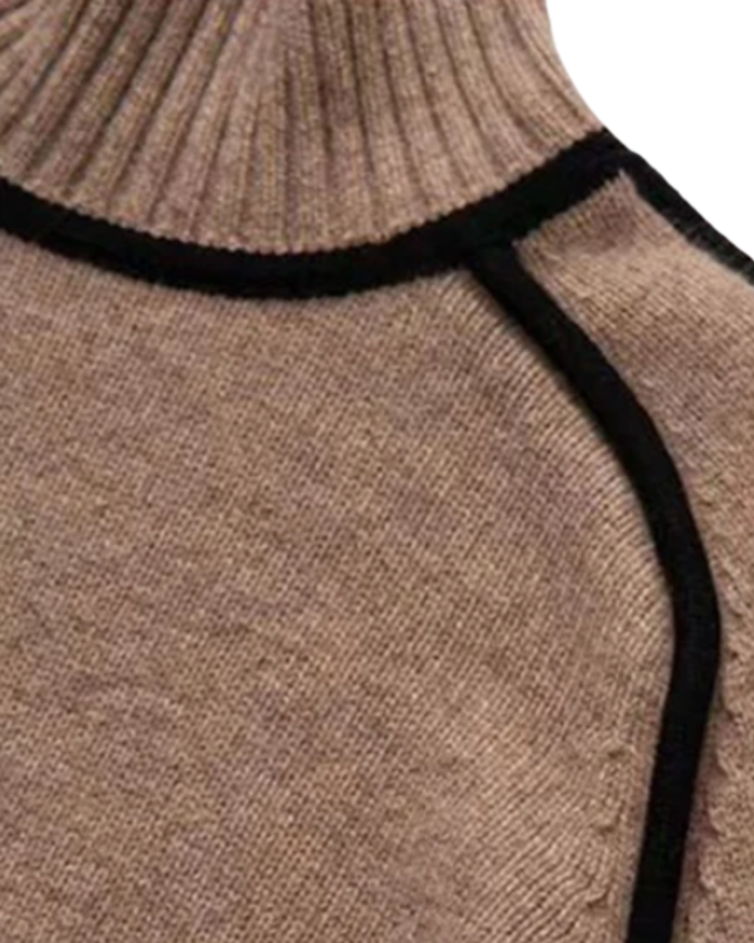 Mariel sweater in brown, close-up of contrast shoulder trim and collar