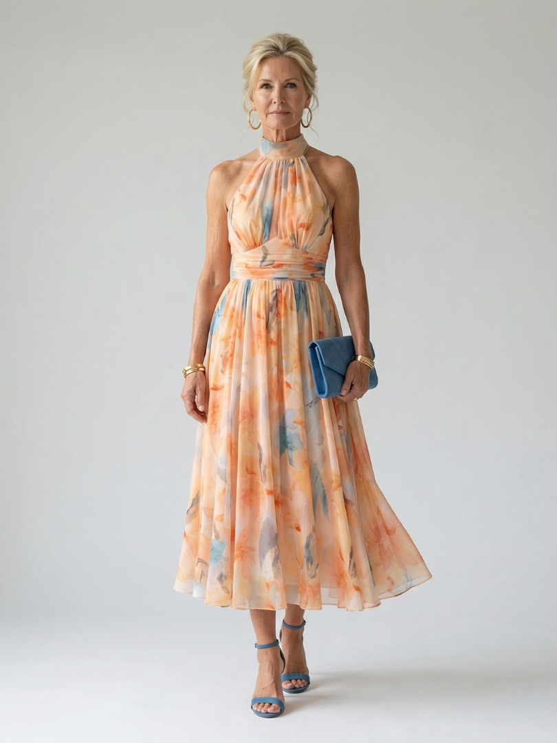 Elin halter midi dress in peach watercolour print, full-length front view