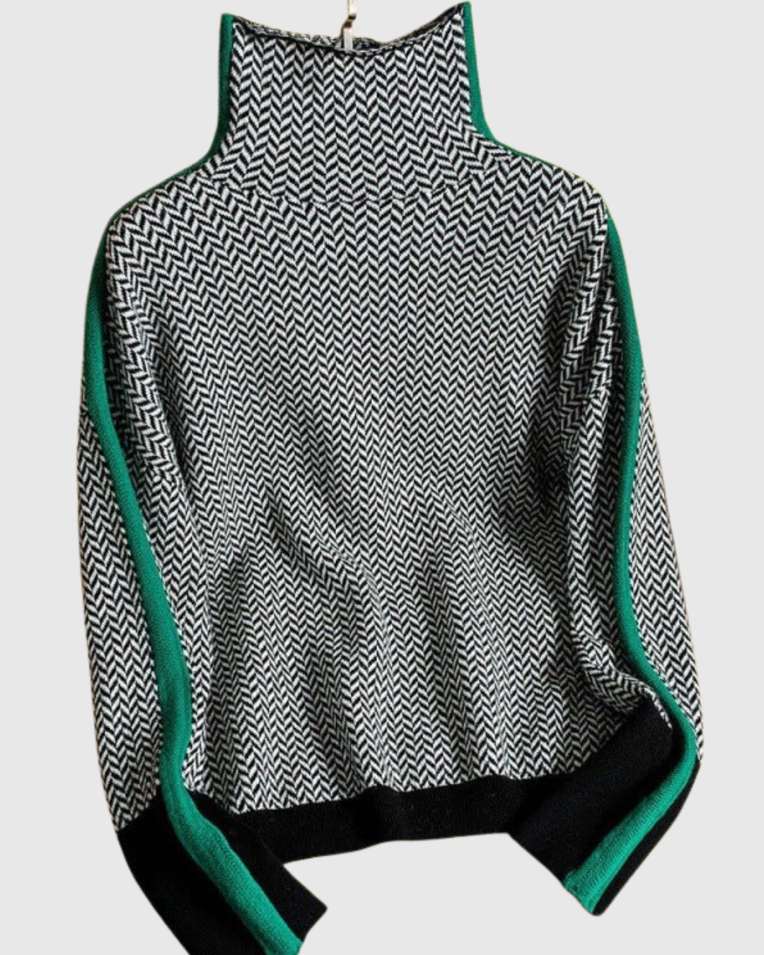 Celianne turtleneck sweater in green and black chevron, front product view