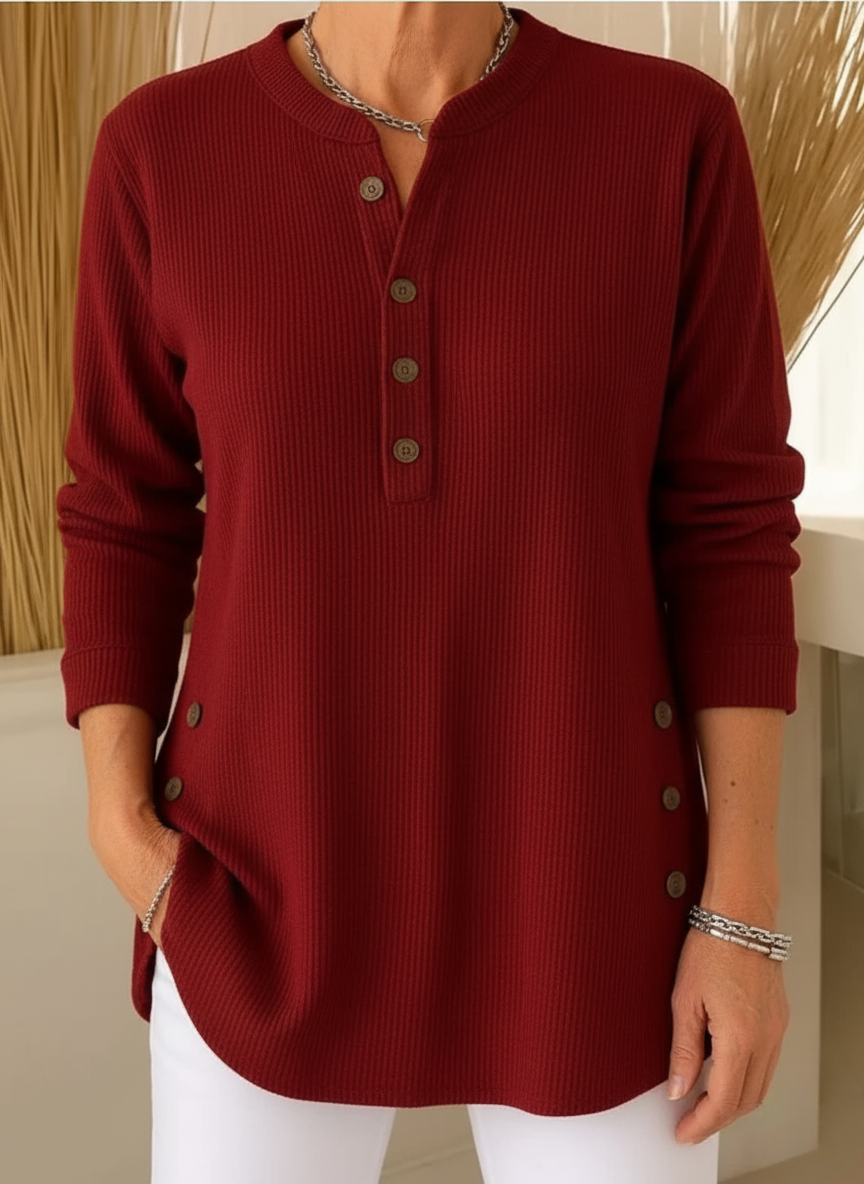 Nysha ribbed button sweater in burgundy, front view