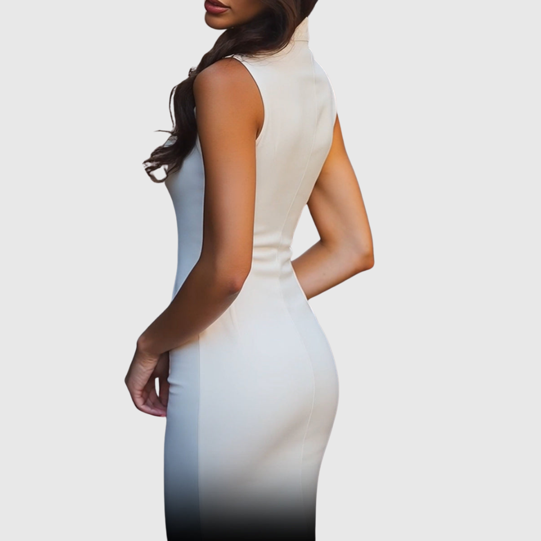 Daisy zip-front bodycon dress in white, side view on model