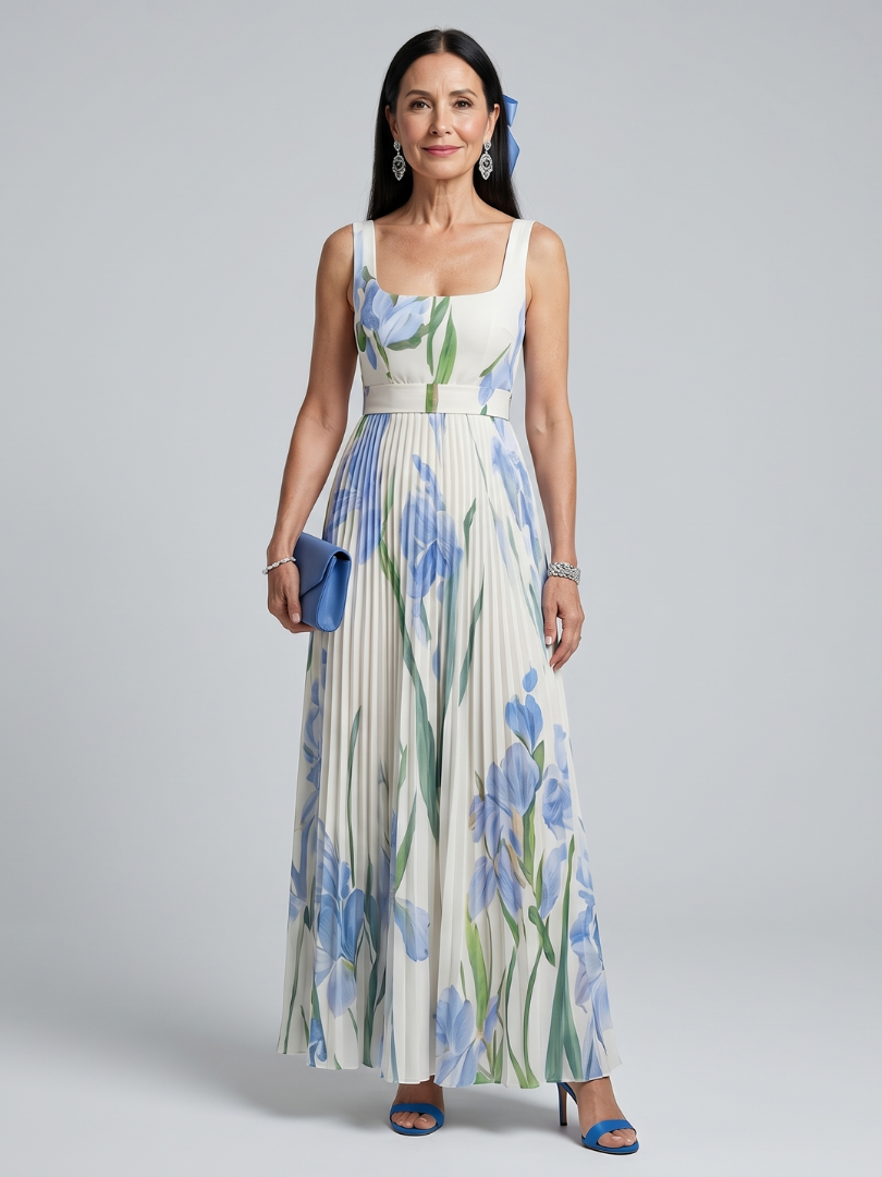 Ophelia floral midi dress in cream with blue irises, full front view