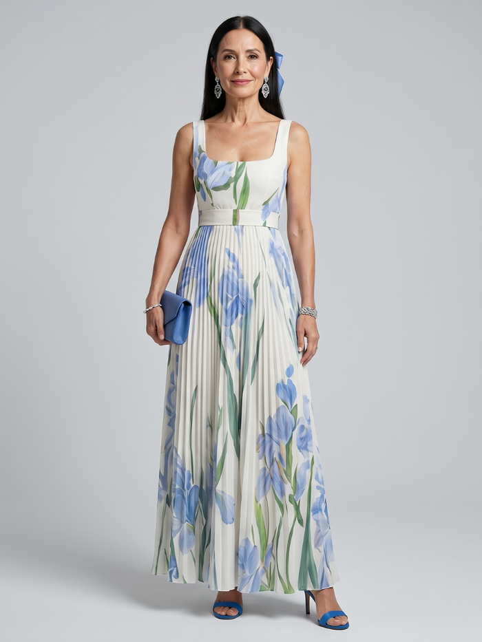 Ophelia floral midi dress in cream with blue irises, full front view
