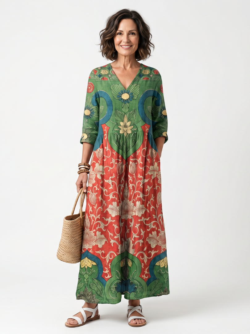 Sloane mixed print midi dress in green and coral, full-length front view