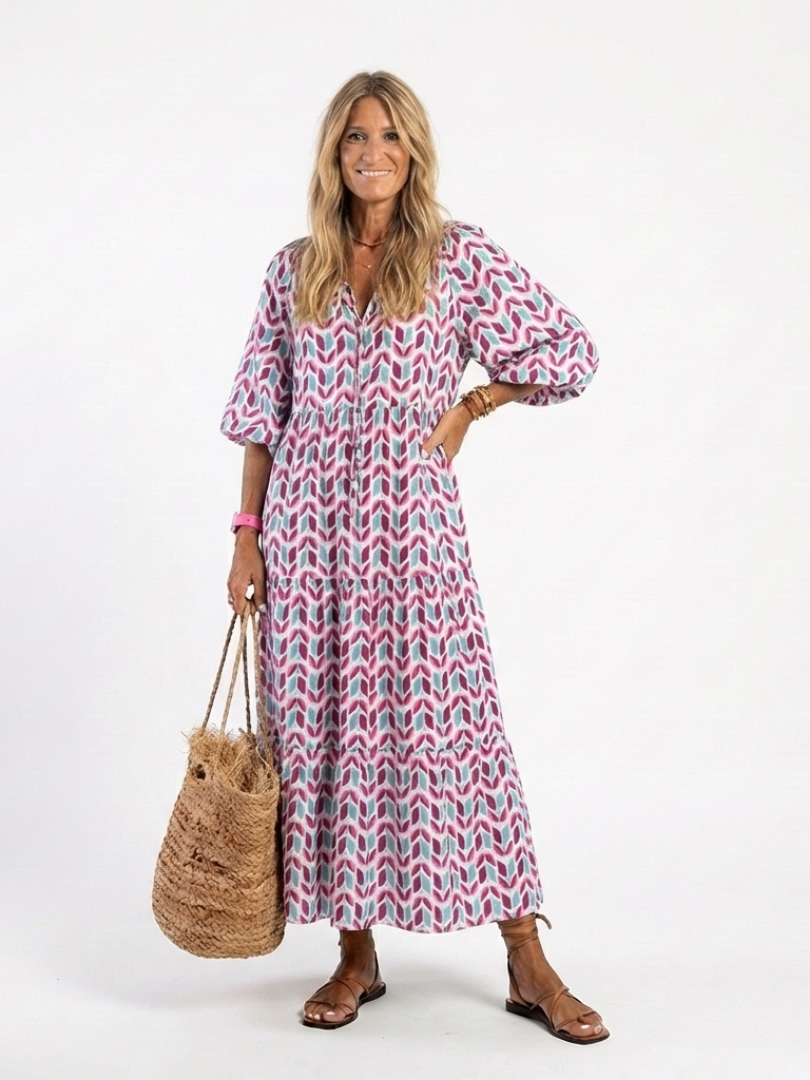 Mireya geometric print tiered midi dress in pink and blue, front view