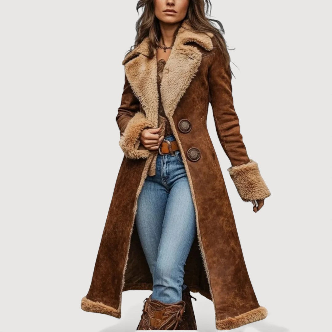 Arielle shearling coat in brown, full-length front view with plush collar