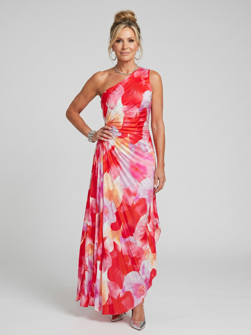Taya one shoulder pleated midi dress in red watercolour floral, front view
