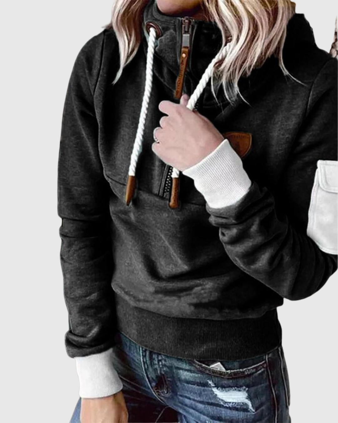 Lois knit pullover in black, close-up of zip neck and cuffs