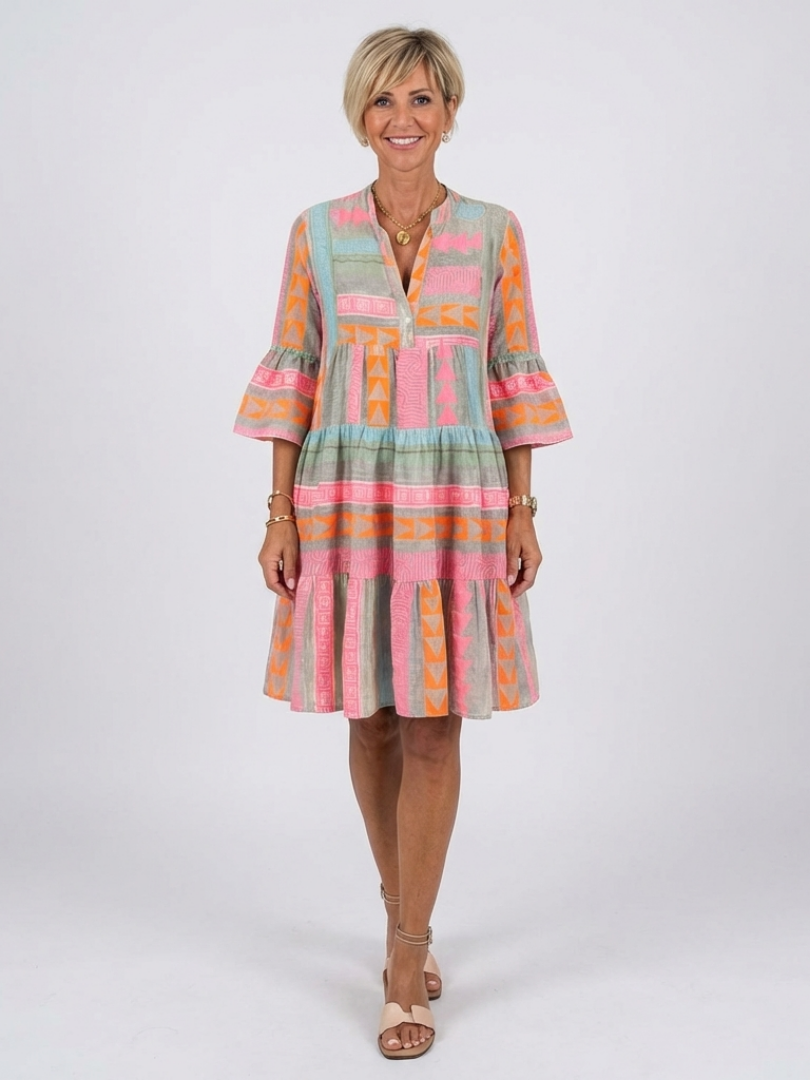 Maelle geometric print tiered dress in pink, full-length front view