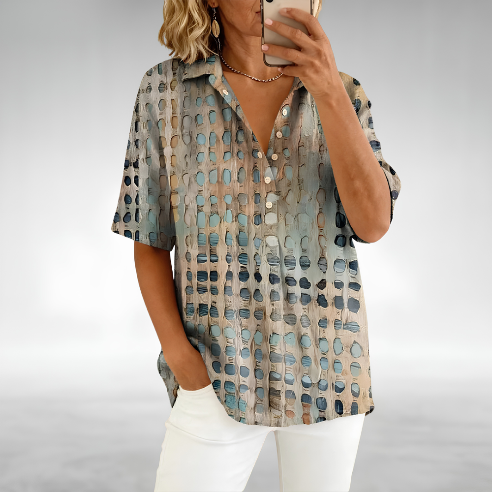 Melody relaxed comfort top in blue-grey painted print, front view
