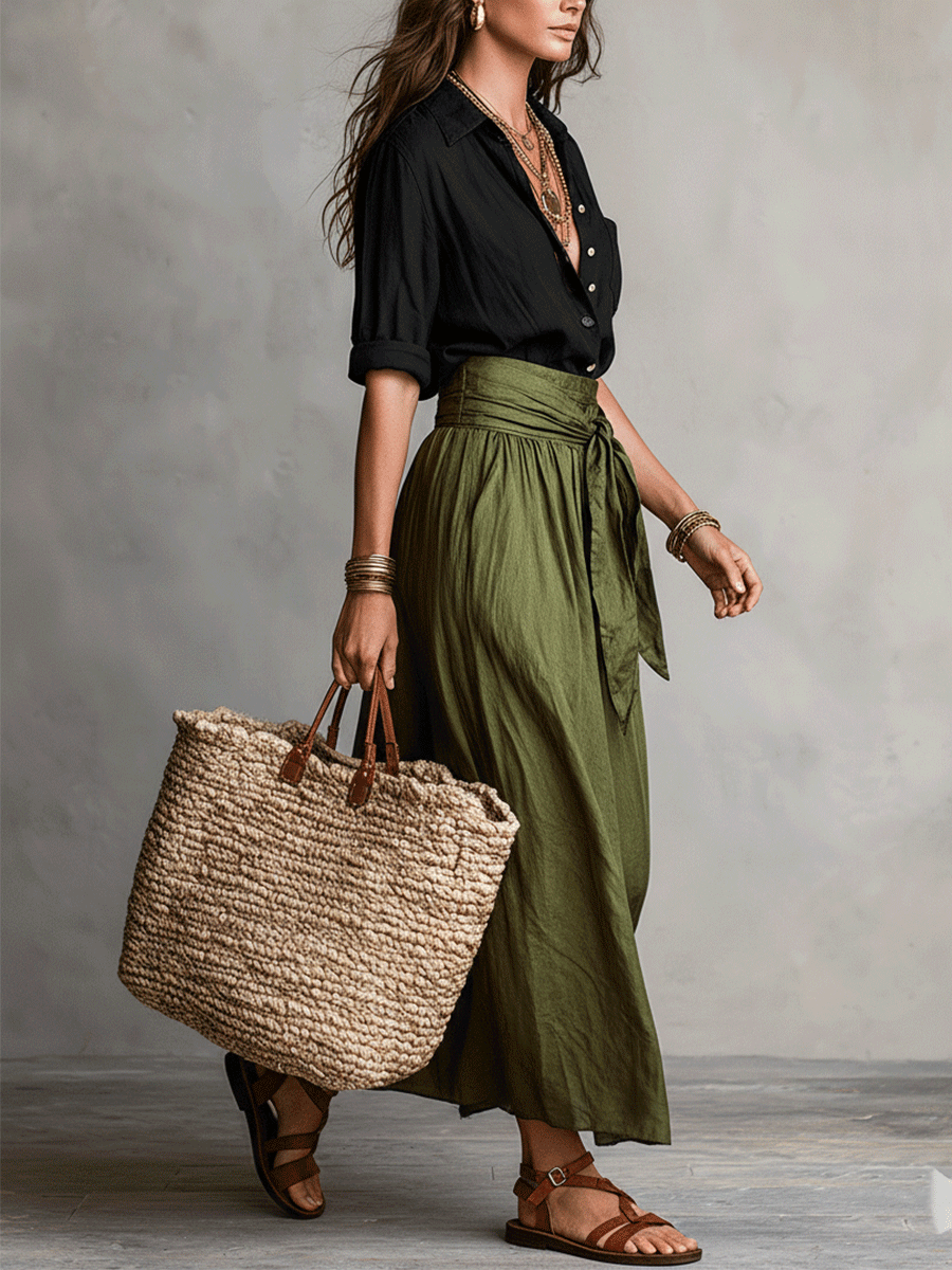 Boho skirt set in black and olive green, side view showing flowing skirt