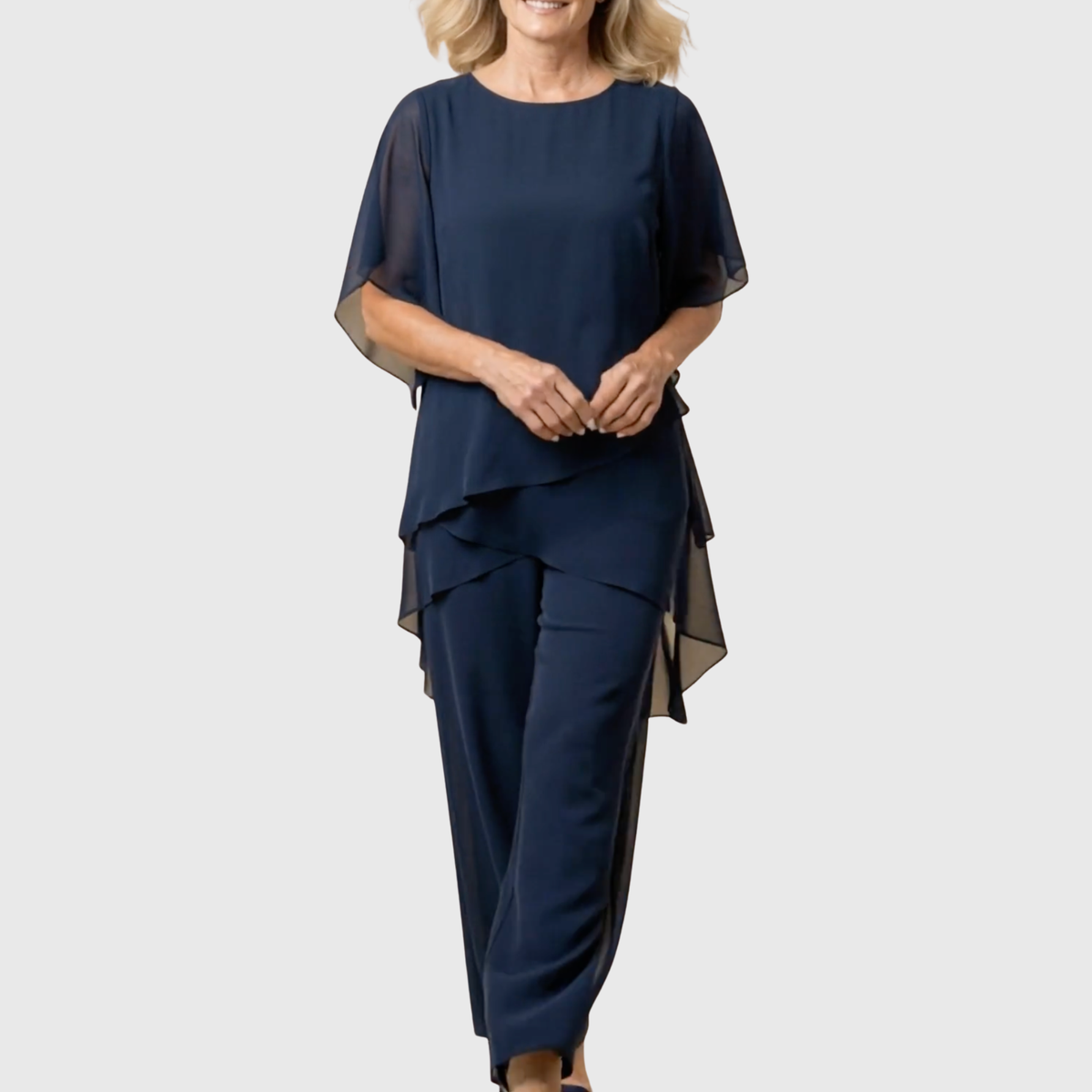 Elara palazzo set in navy blue, layered draped top and wide-leg trousers