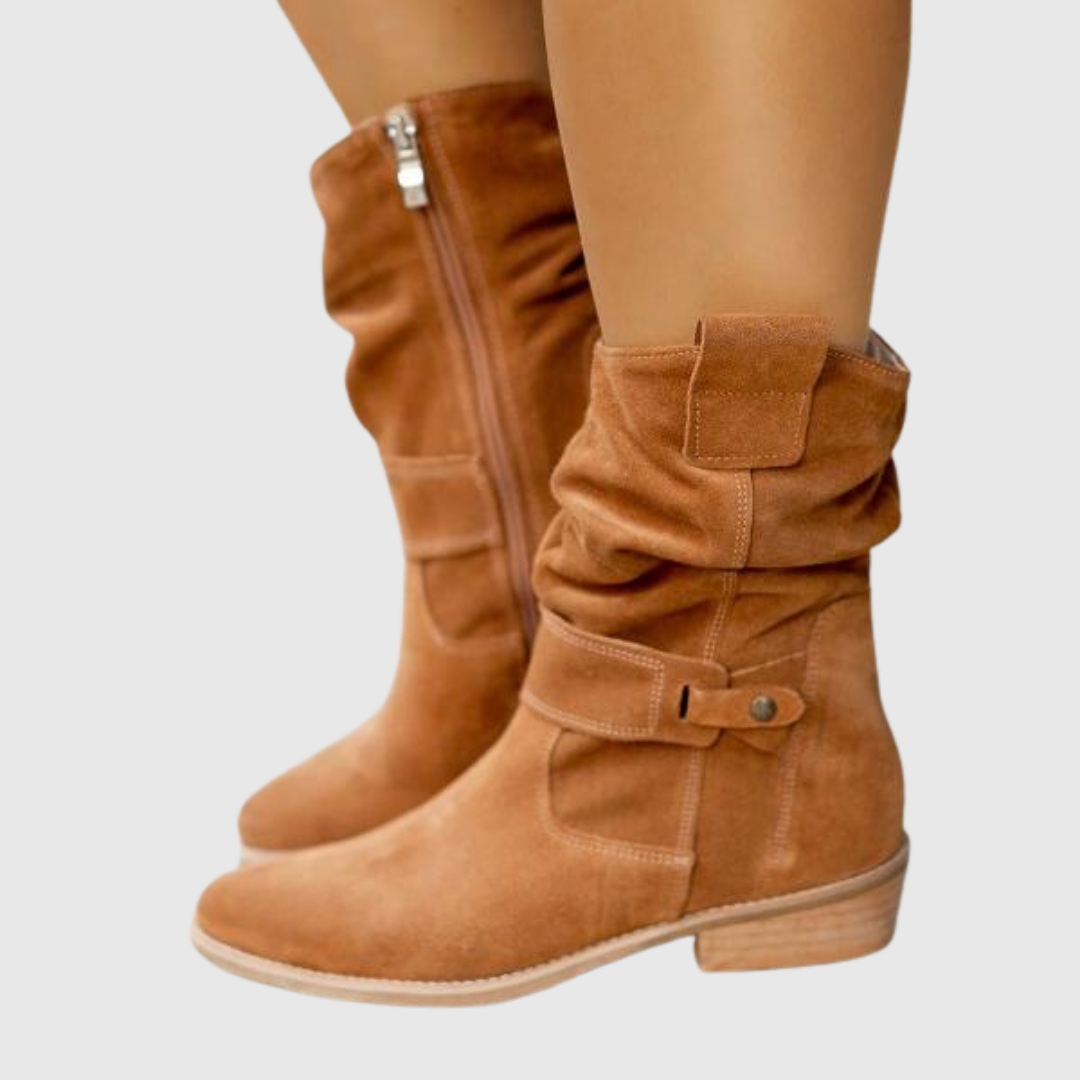 Corissa slouchy suede boots in light brown, worn front view