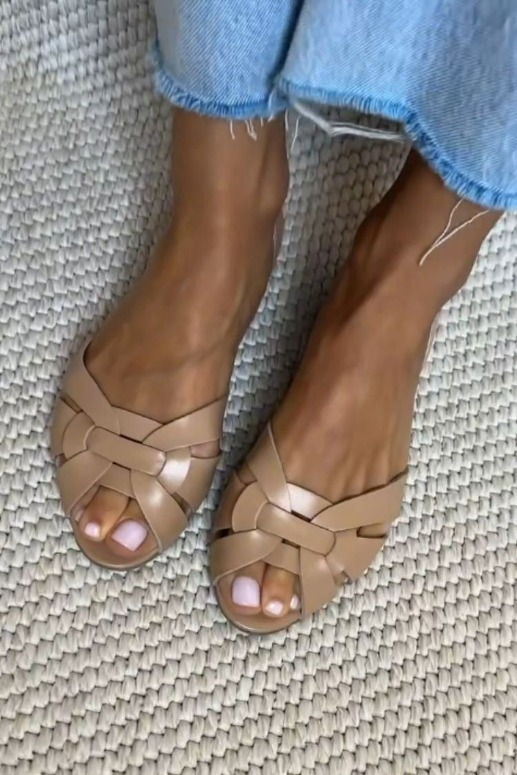 Serafina woven sandals in beige, front view worn with jeans