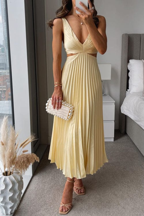 Sanne pleated satin midi dress in yellow, full-length front view
