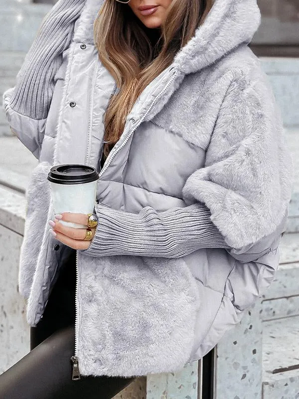Elsie puffer jacket in grey, close-up front view with hood