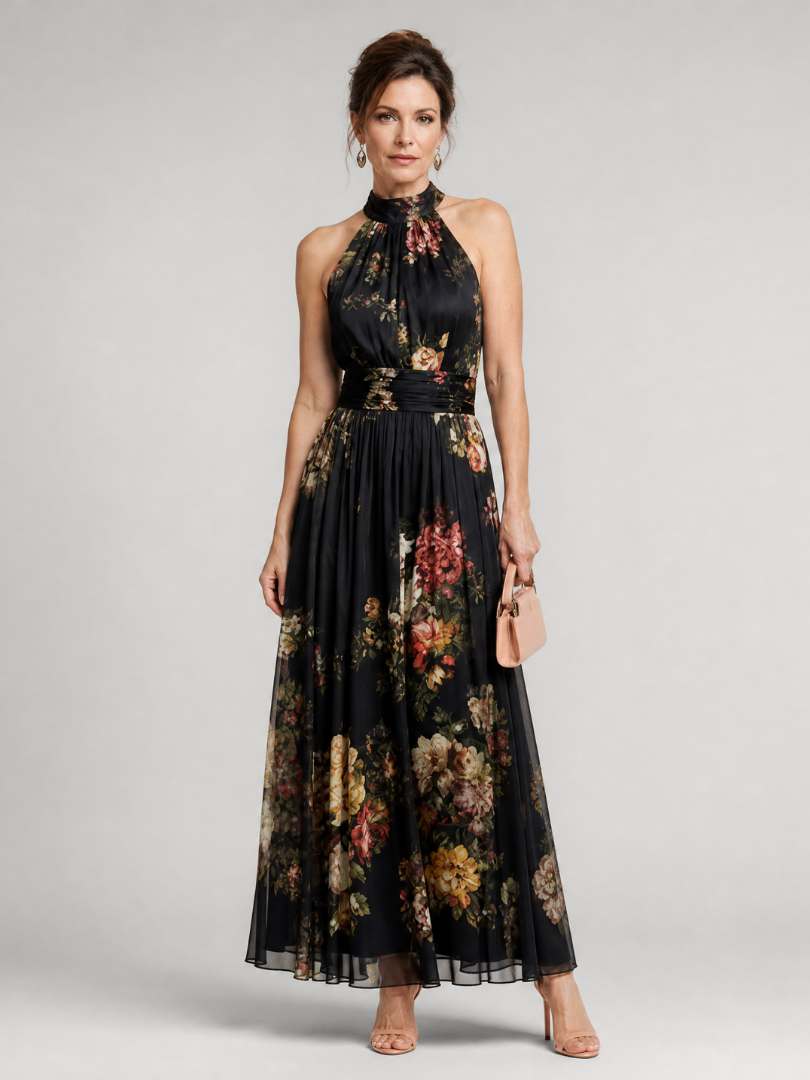 Sior floral halter neck midi dress in black, full-length front view