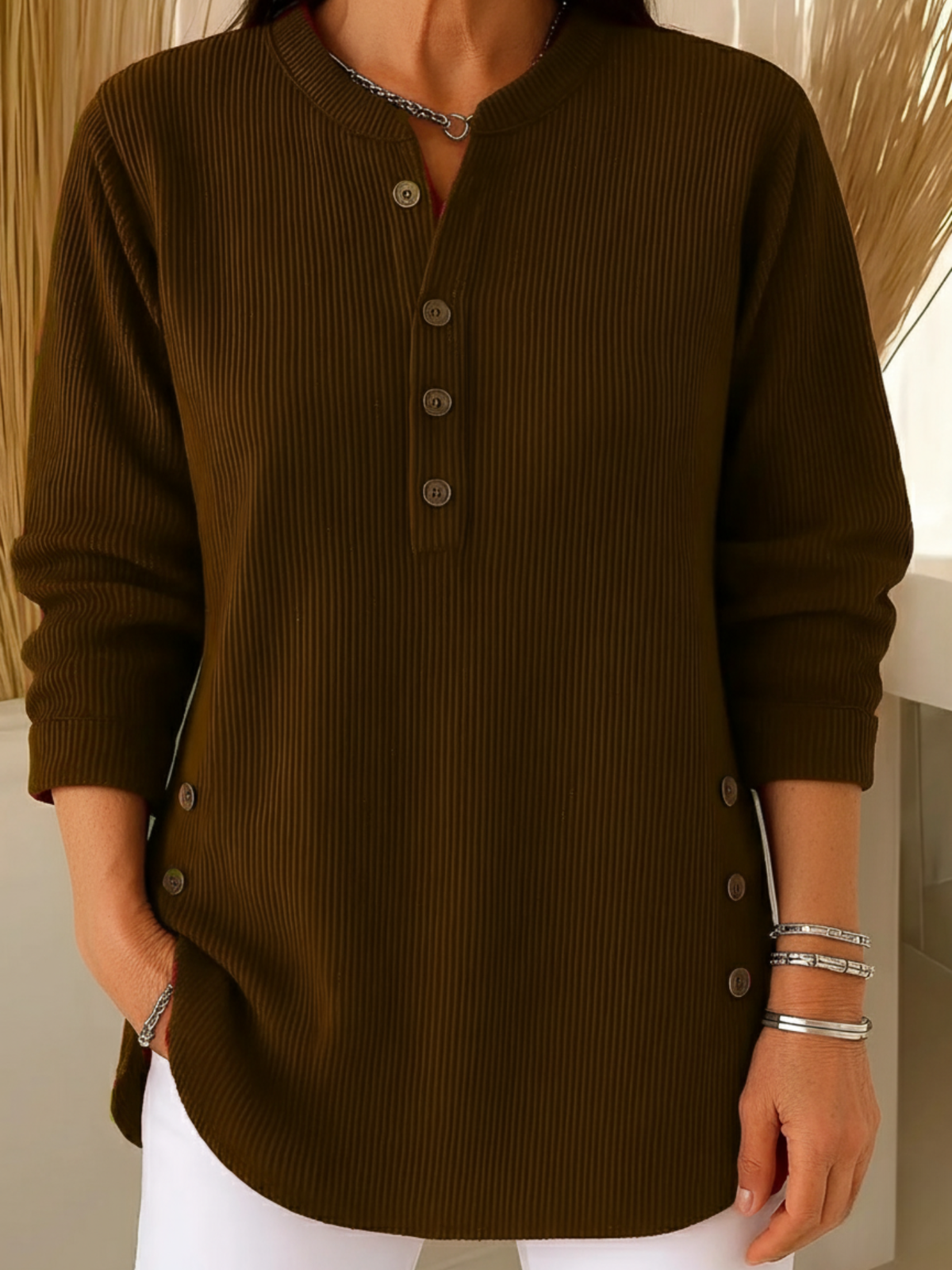 Nysha ribbed button sweater in dark brown, front view