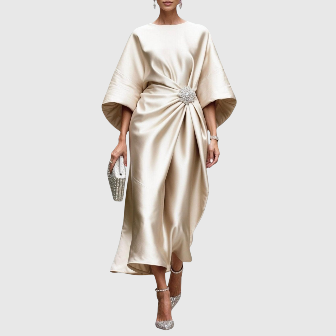 Luneth satin midi dress in khaki, full-length front view