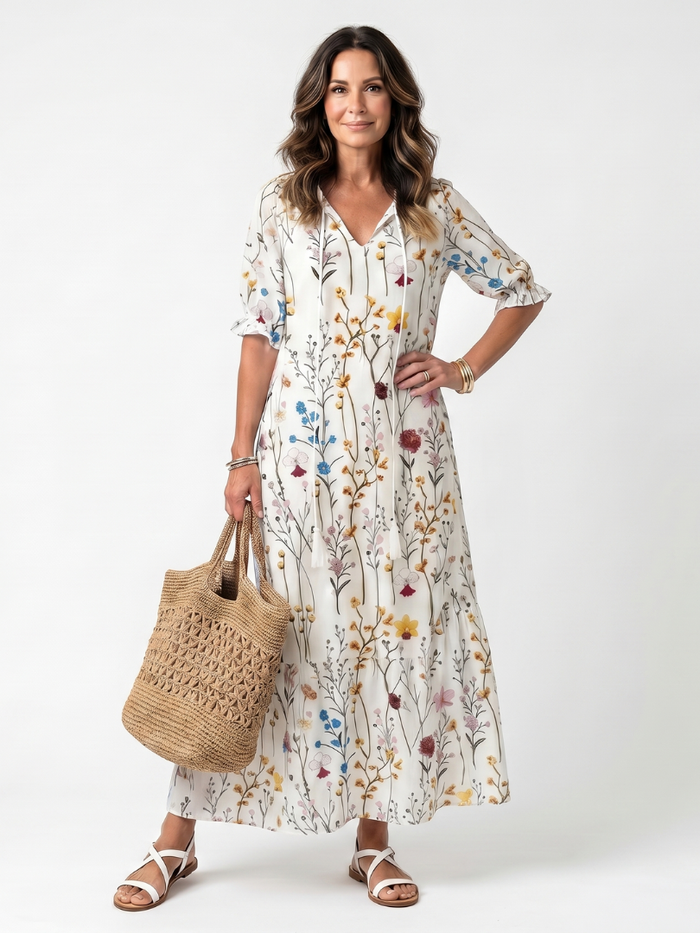 Sylvie botanical print midi dress in white, full-length front view