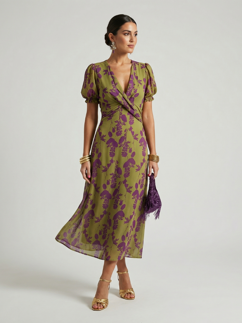 Virel floral midi dress in olive and purple, full-length front view