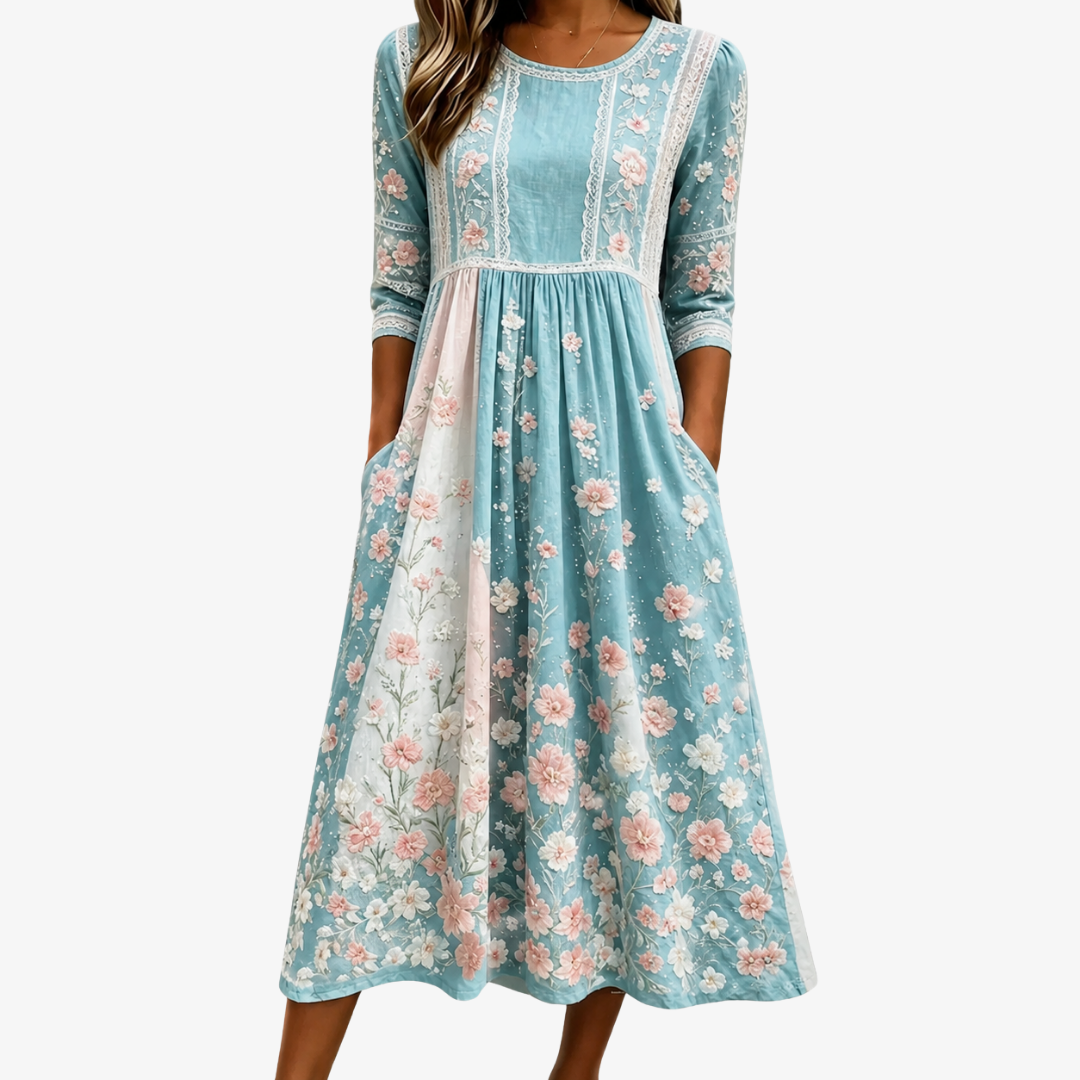 Spring blossom patchwork midi dress in light blue floral, full-length front view