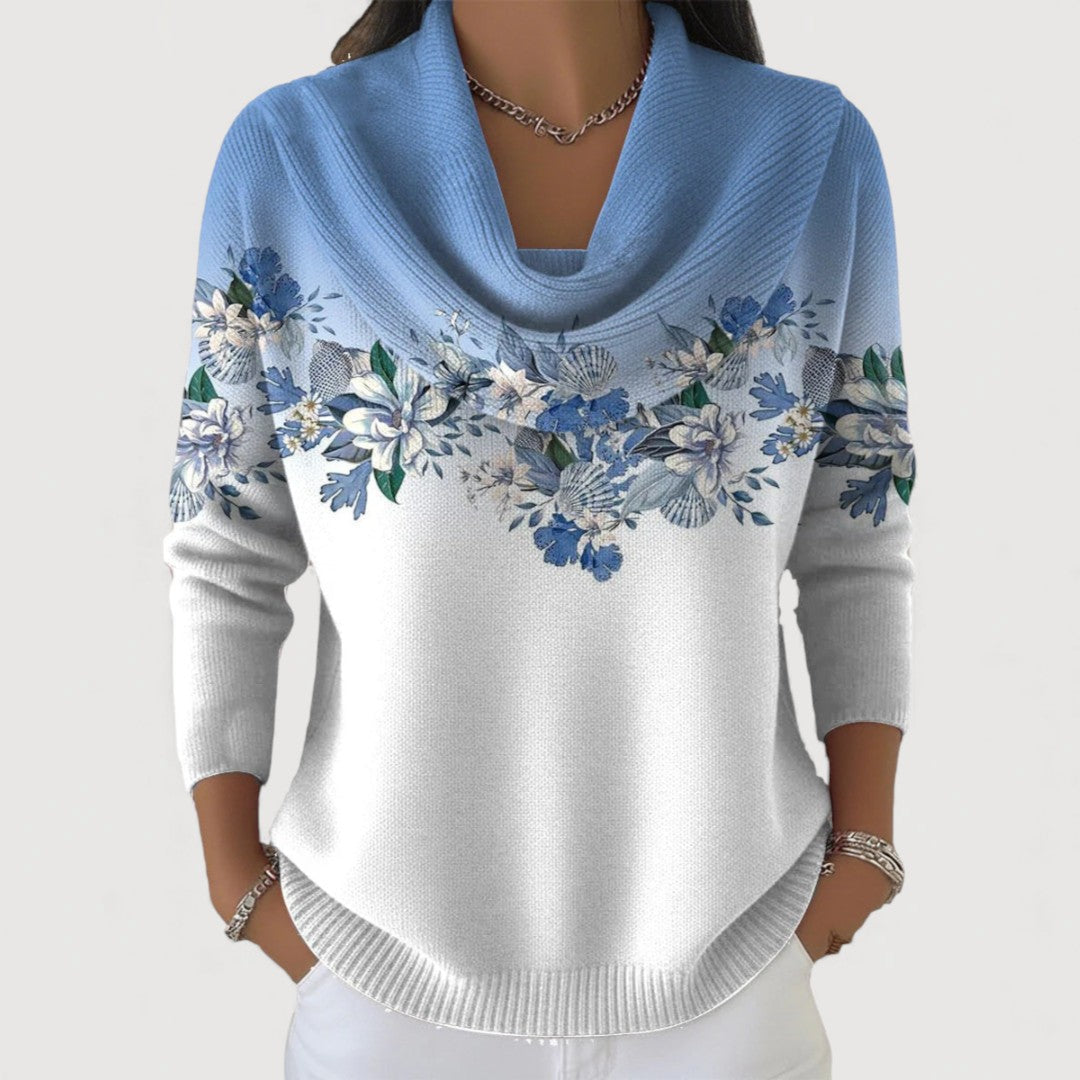 Alba floral roll-neck jumper in blue and white, front view