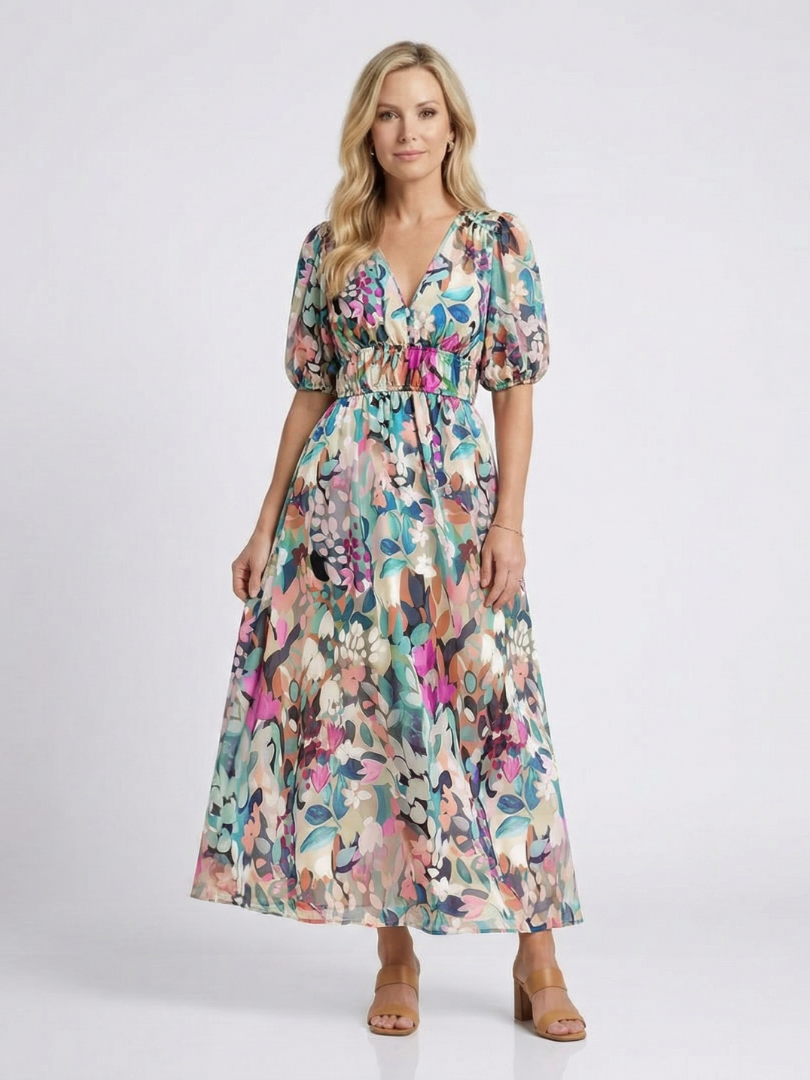 Eulalie floral midi dress in multicoloured print, full-length front view