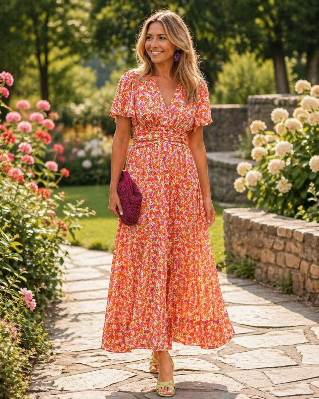 Alice floral summer dress in orange, full-length front view