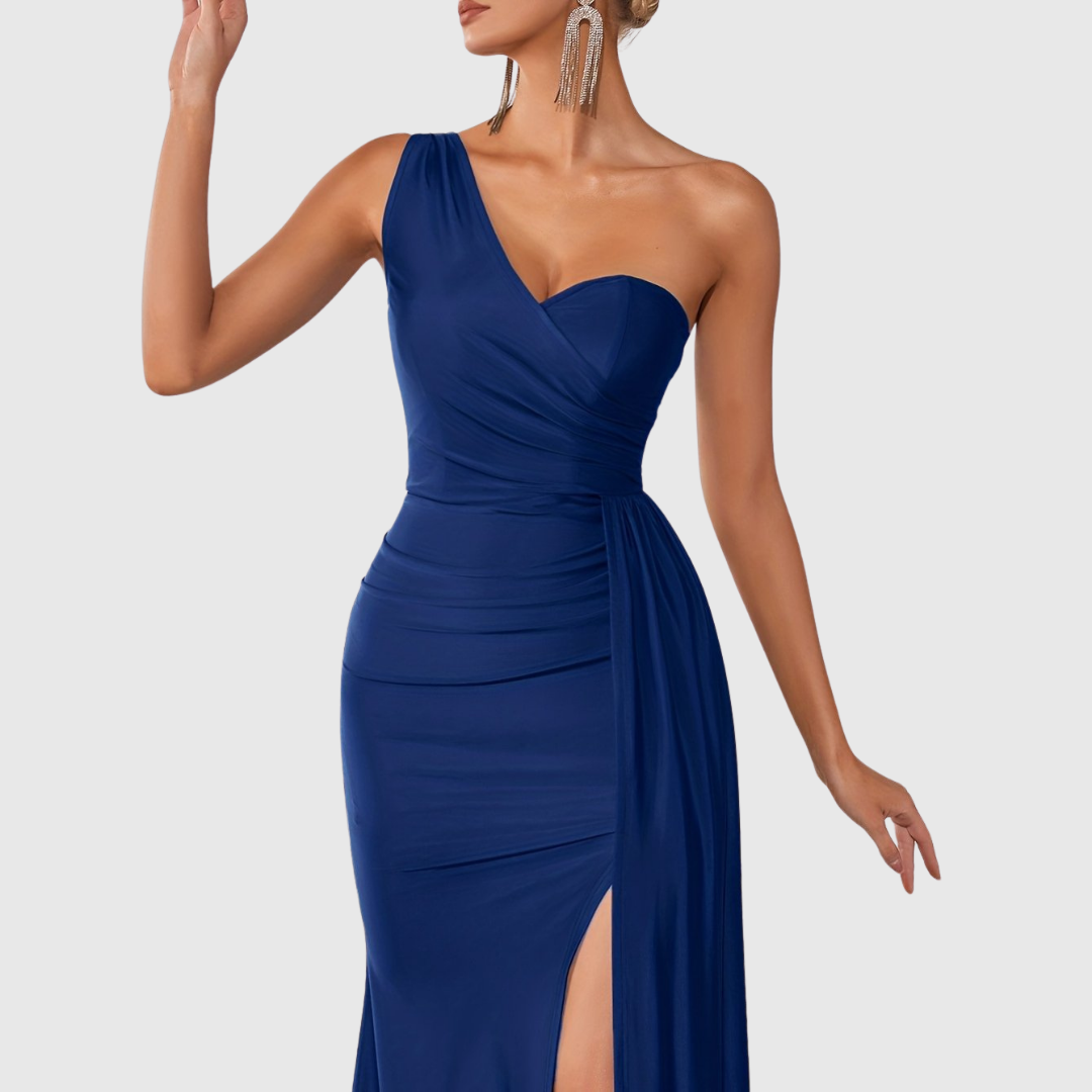 Selvyna one-shoulder gown in navy blue, close-up of neckline and gathered waist