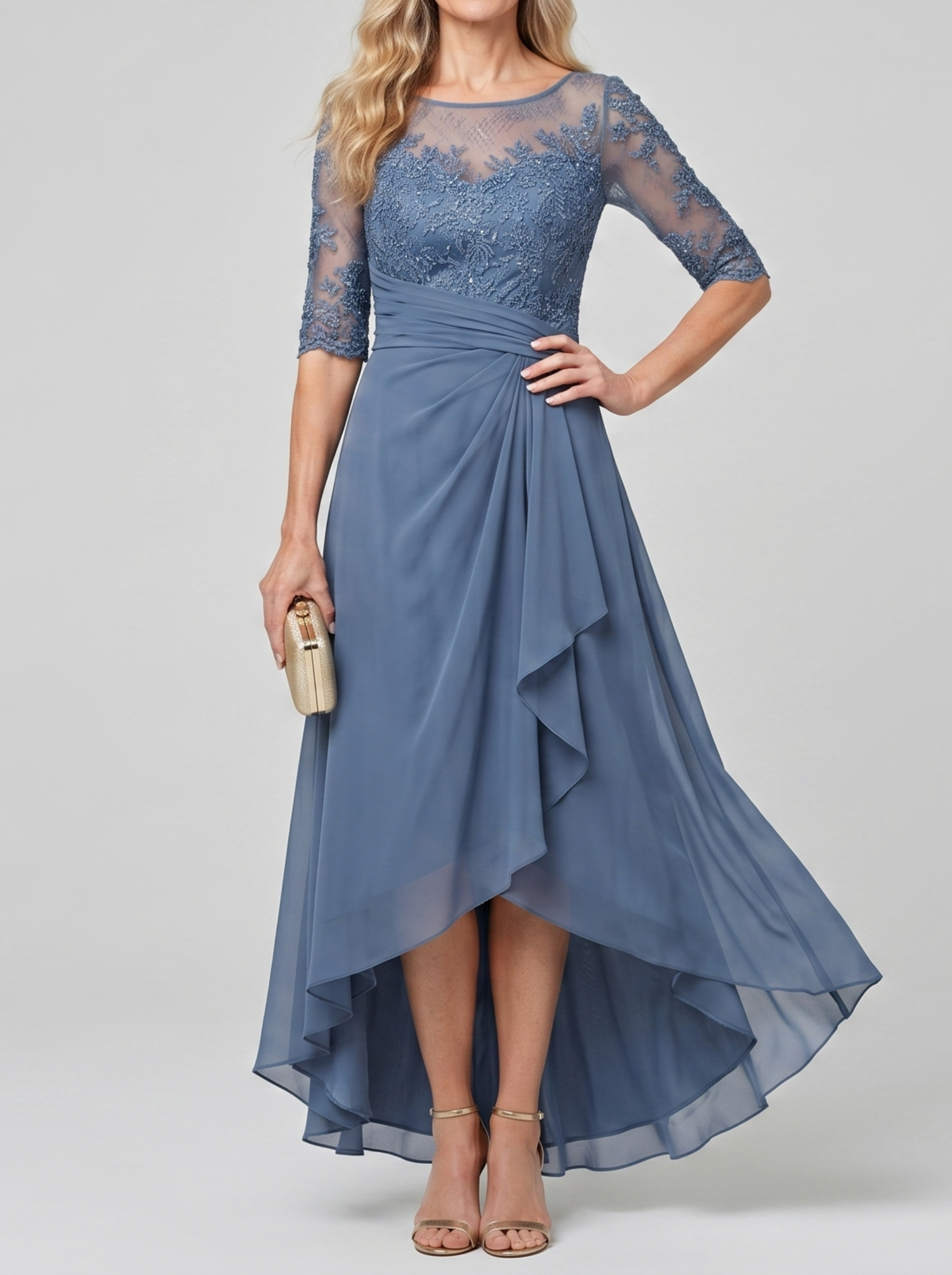 Rhonda elegant lace dress in blue, full-length front view