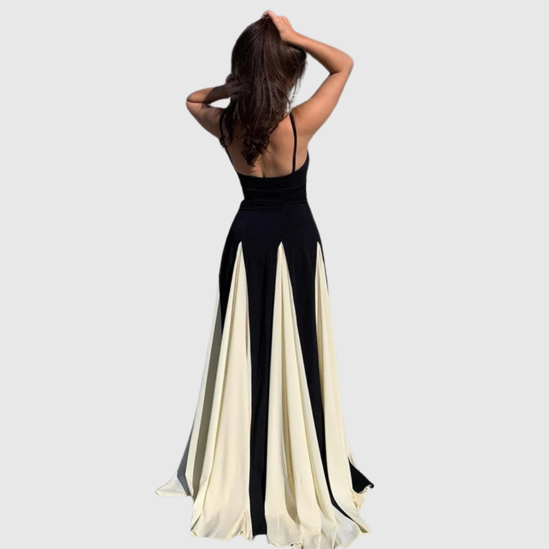 Alwen maxi dress in black and cream, open back view