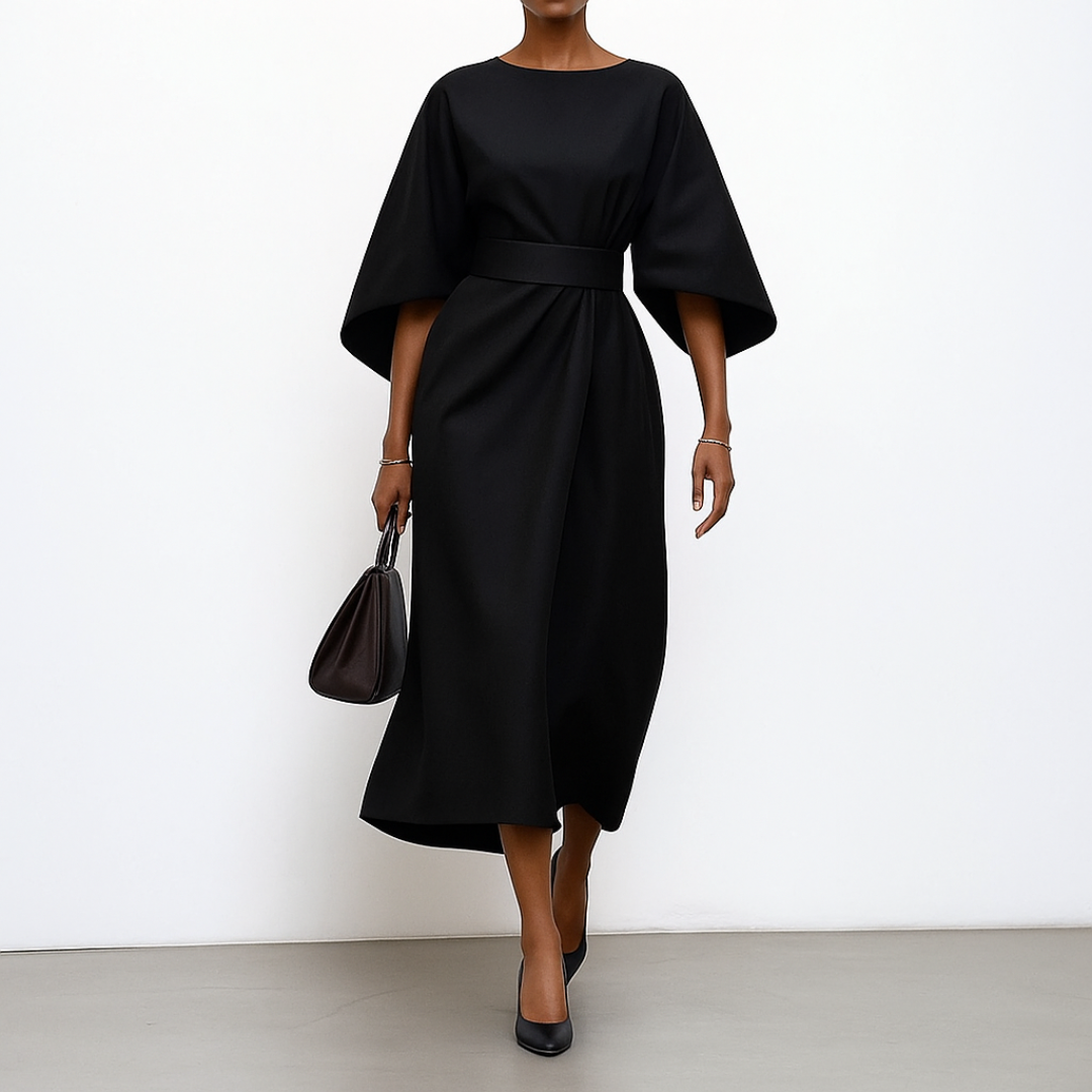 Eldra batwing sleeve maxi dress in black, belted waist front view