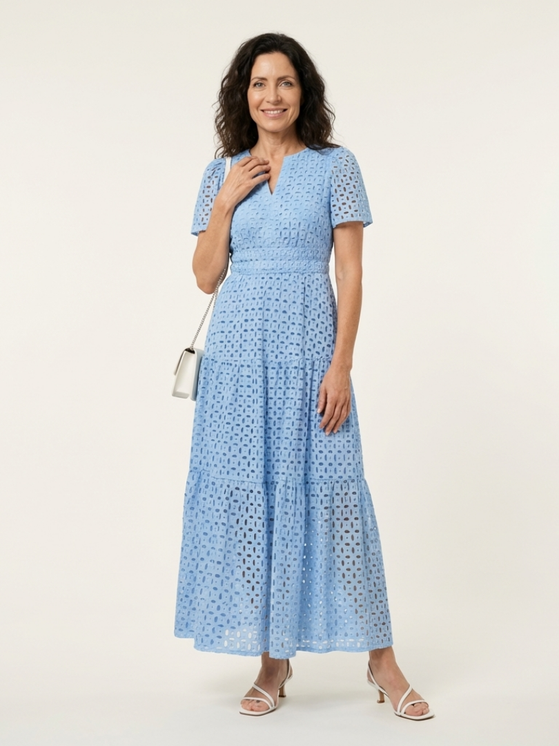 Brielle tiered midi dress in sky blue, full-length front view