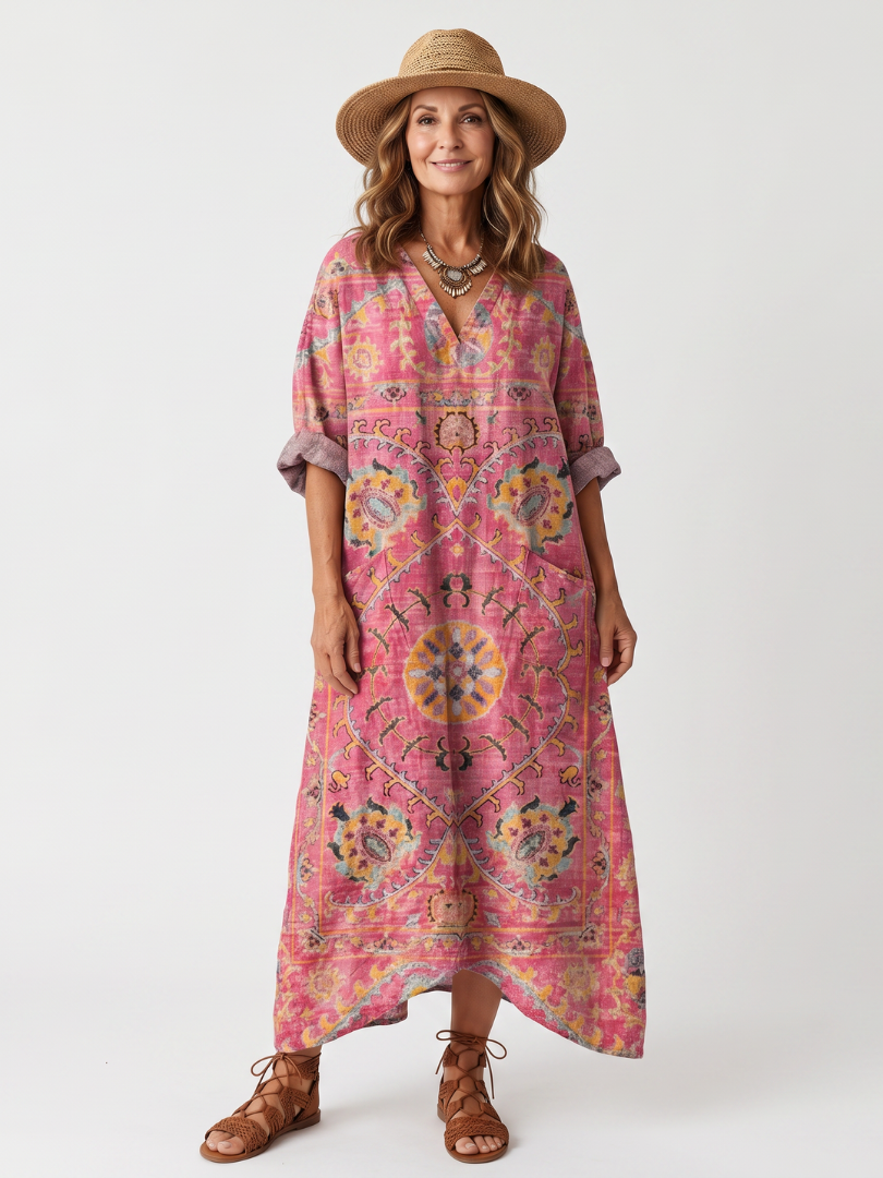 Tilda abstract print midi dress in pink, full-length front view